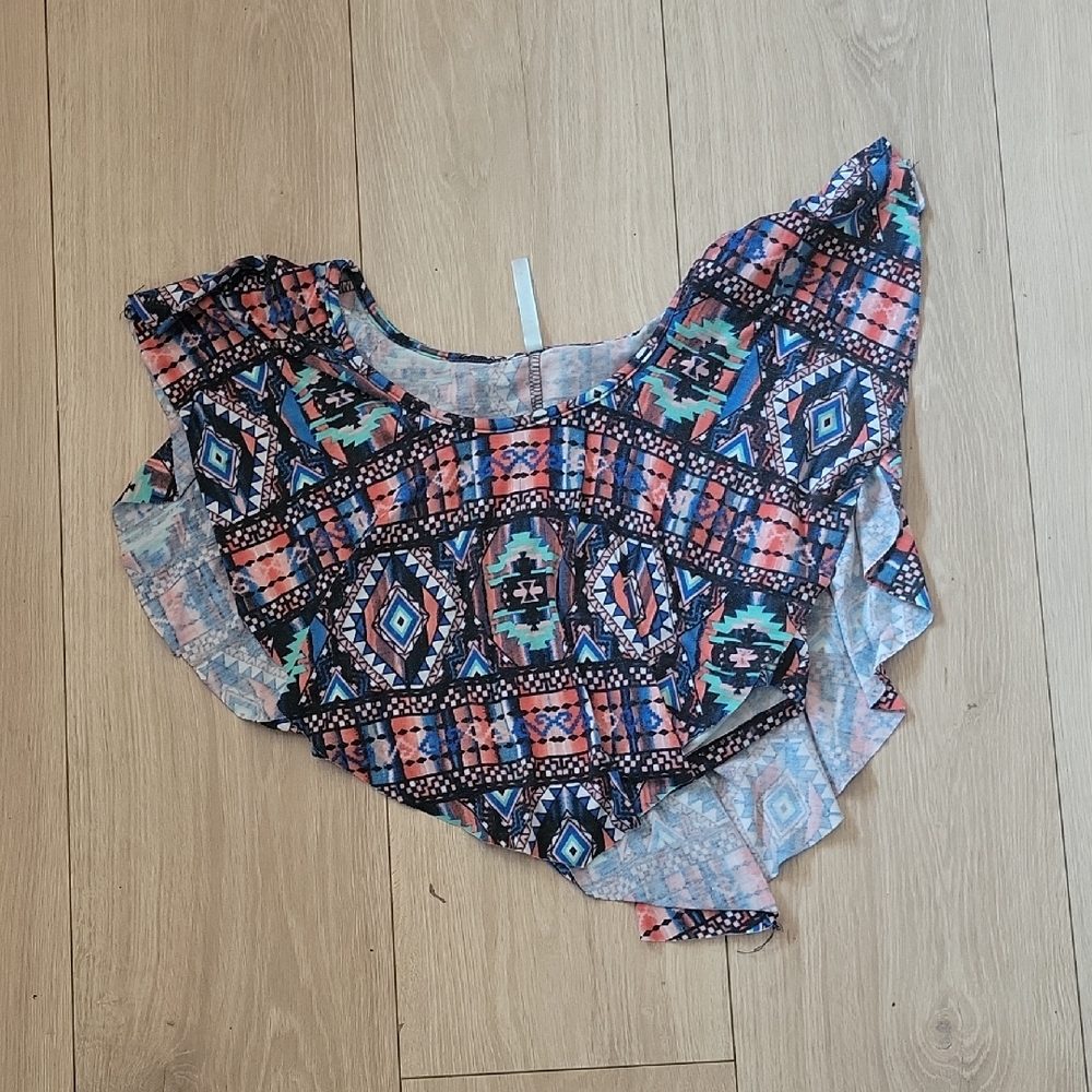 Red and Blue Asymmetrical Ruffled Crop Top